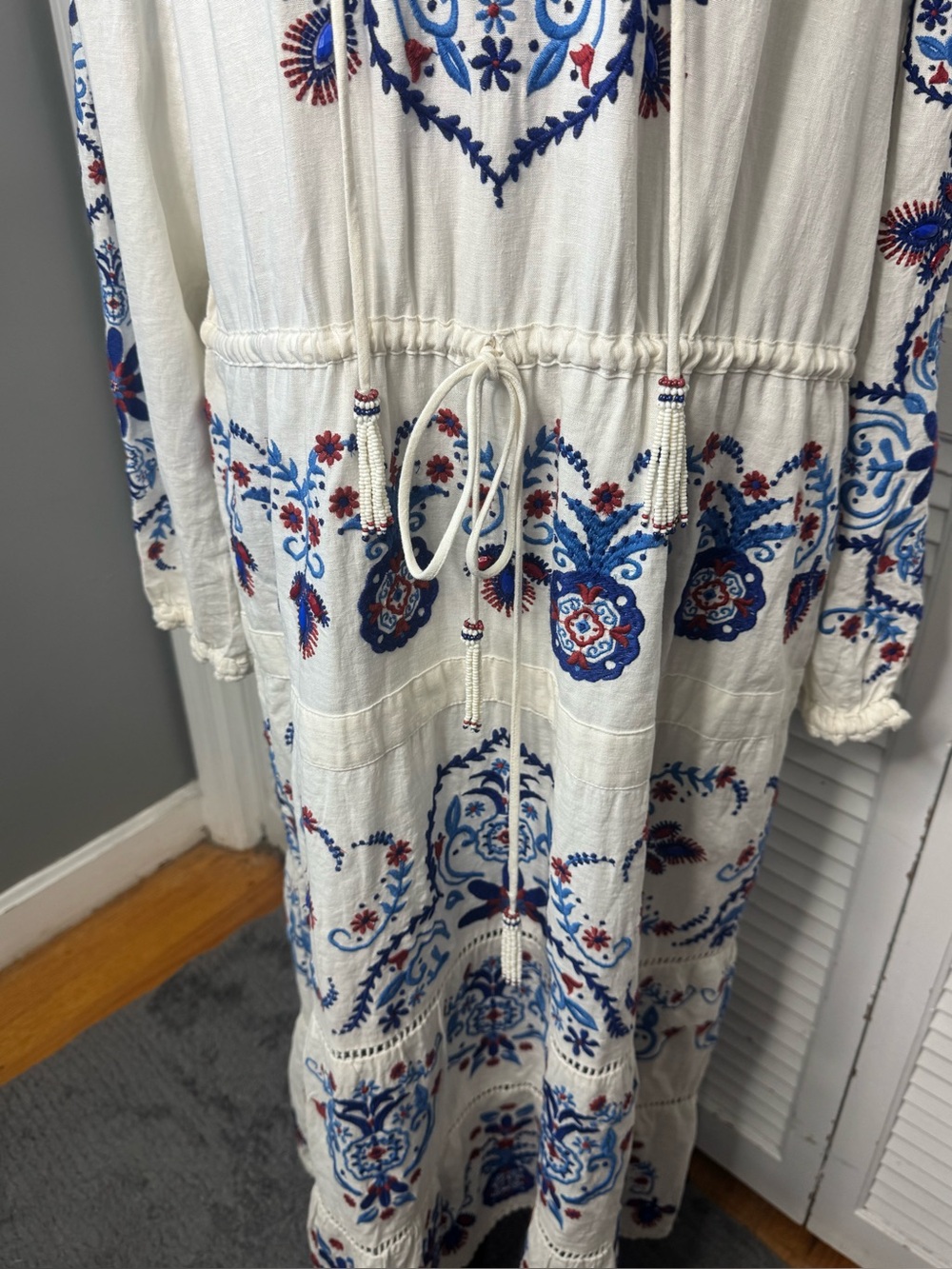 Farm Rio Linen Blend Embroidered Midi White Navy Boho Peasant Artsy Dress XL - Picture 6 of 16
